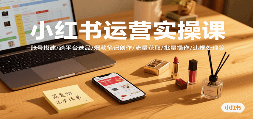 小红书运营实操课，账号搭建/跨平台选品/爆款笔记创作/流量获取/批量操作/违规处理等-自由之翼资源网