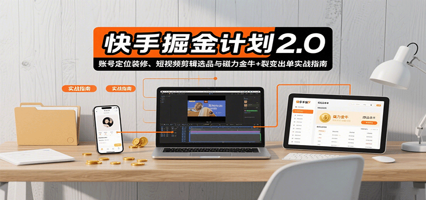 快手掘金计划2.0，账号定位装修、短视频剪辑选品与磁力金牛+裂变出单实战指南-自由之翼资源网