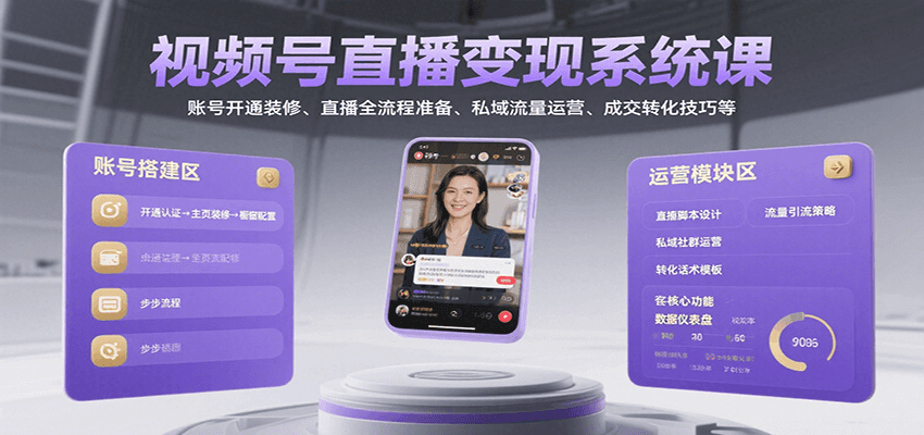 视频号直播变现系统课，账号开通装修、直播全流程准备、私域流量运营、成交转化技巧等-自由之翼资源网