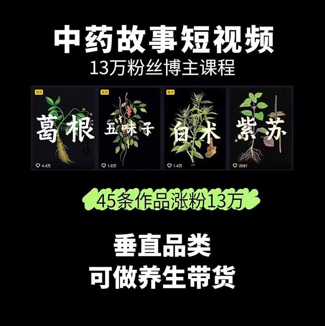 中草药养生赛道：AI文案+故事模板+橱带货，45条作品涨粉13w+单月变现1万+-自由之翼资源网