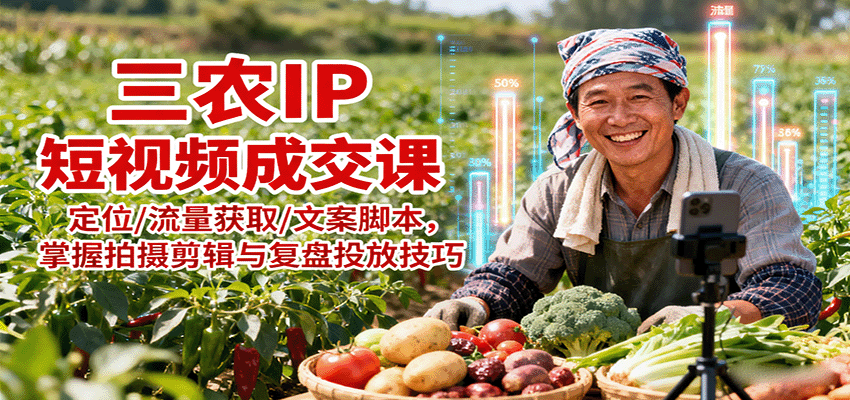 三农IP短视频成交课：定位/流量获取/文案脚本，掌握拍摄剪辑与复盘投放技巧-自由之翼资源网