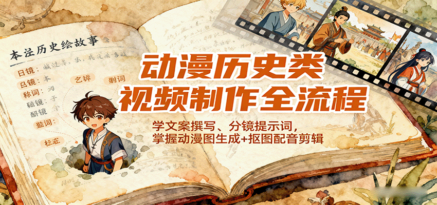 动漫历史类视频制作全流程，学文案撰写、分镜提示词，掌握动漫图生成+抠图配音剪辑-自由之翼资源网