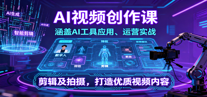 AI视频创作课，涵盖AI工具应用、运营实战、剪辑及拍摄，打造优质视频内容-自由之翼资源网
