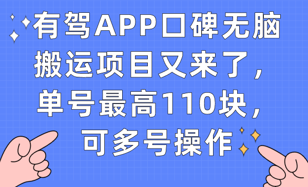 有驾APP口碑无脑搬运项目又来了，单号最高110块，可多号操作-自由之翼资源网