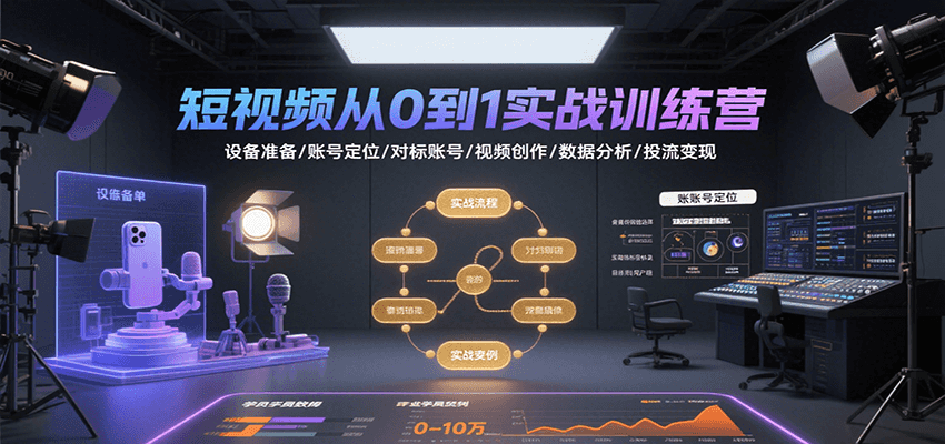 短视频从0到1实战训练营：设备准备/账号定位/对标账号/视频创作/数据分析/投流变现-自由之翼资源网