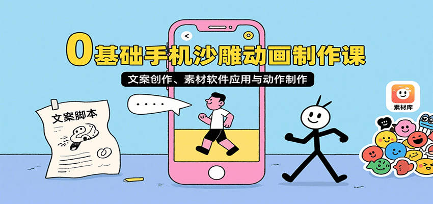 0基础手机沙雕动画制作课，文案创作、素材软件应用与动作制作-自由之翼资源网