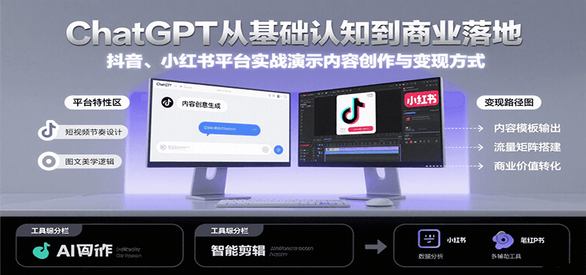 ChatGPT从基础认知到商业落地，实战演示抖音、小红书等平台的内容创作与变现-自由之翼资源网